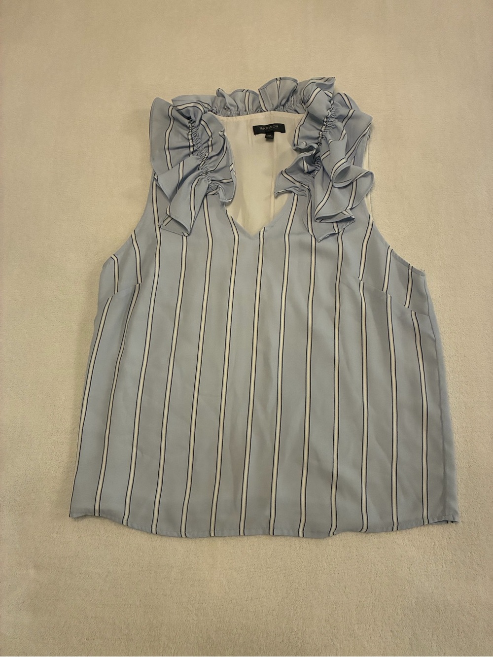 Madison Light Blue Striped Ruffle Neck Sleeveless Top